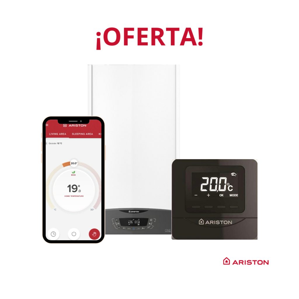 ¡OFERTA! Sistema completo Ariston - Caldera Clas One con app móvil y termostato digital mostrando control de temperatura para áreas de estar y dormir